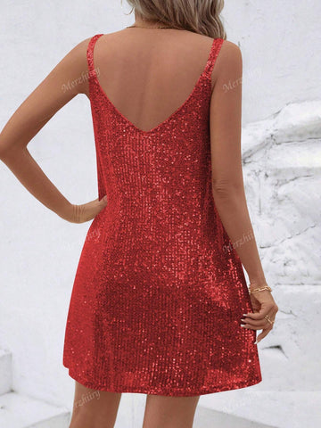 Summer European And American Style Sequined V-Neck Sleeveless Dress