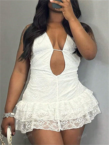 Summer Fashion Mature Sexy Comfortable Backless Lace Big V-Neck Lined With Solid Color Lace-Up Halter Dress