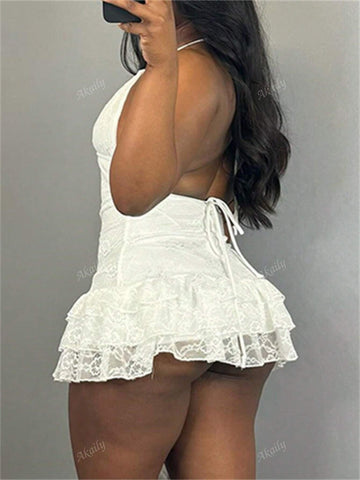 Summer Fashion Mature Sexy Comfortable Backless Lace Big V-Neck Lined With Solid Color Lace-Up Halter Dress