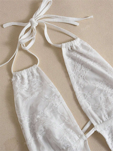 Summer Fashion Mature Sexy Comfortable Backless Lace Big V-Neck Lined With Solid Color Lace-Up Halter Dress