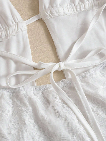 Summer Fashion Mature Sexy Comfortable Backless Lace Big V-Neck Lined With Solid Color Lace-Up Halter Dress