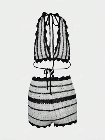 Summer Fashion Women's Sexy Striped Bikini Casual Vest Halter Beach Boho Style Color Contrast Short Suit