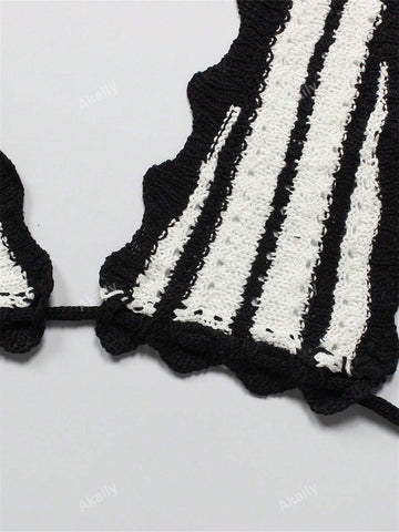 Summer Fashion Women's Sexy Striped Bikini Casual Vest Halter Beach Boho Style Color Contrast Short Suit