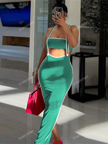 Summer Fashion Women's Suspender, Strapless, Hollowed Out, Exposed Belly, Slim Fit, Long Sexy Dress Set