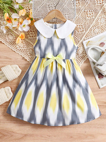 Summer Fashionable Digital Print Patchwork White Doll Collar Cute Girls' Dress
