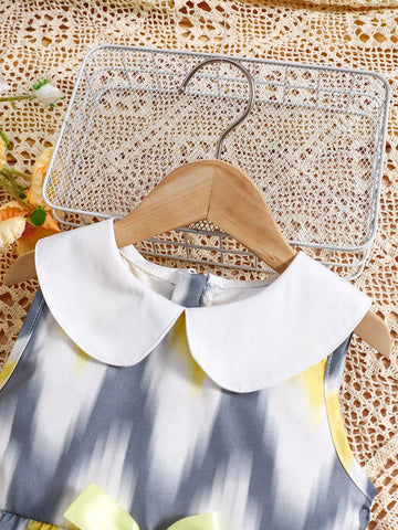 Summer Fashionable Digital Print Patchwork White Doll Collar Cute Girls' Dress