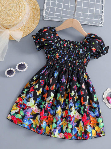Summer Fashionable Girls' Short Sleeve Sweet Butterfly & Floral Allover Print Dress With Country Style