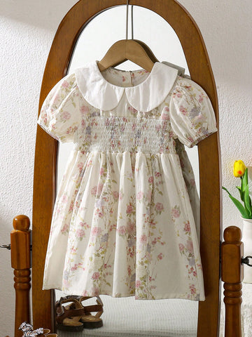 Summer Floral Girls Dress With Ruffle Short Sleeve, Princess Style