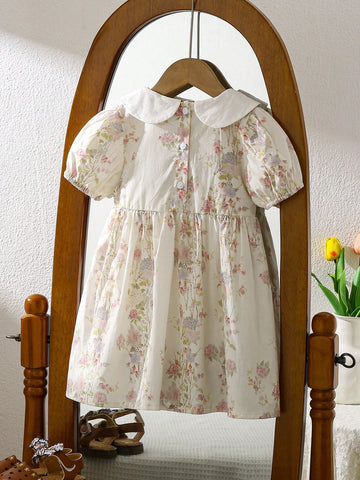 Summer Floral Girls Dress With Ruffle Short Sleeve, Princess Style