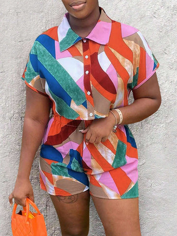 Summer Geometric Printed Color Block Casual Short Sleeve Shirt And Shorts 2 Piece Set