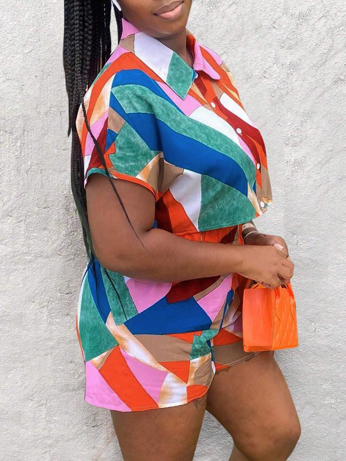 Summer Geometric Printed Color Block Casual Short Sleeve Shirt And Shorts 2 Piece Set