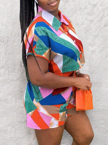Summer Geometric Printed Color Block Casual Short Sleeve Shirt And Shorts 2 Piece Set