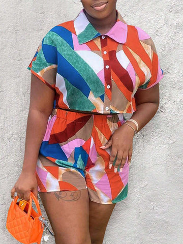 Summer Geometric Printed Color Block Casual Short Sleeve Shirt And Shorts 2 Piece Set