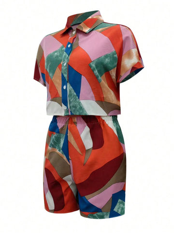 Summer Geometric Printed Color Block Casual Short Sleeve Shirt And Shorts 2 Piece Set