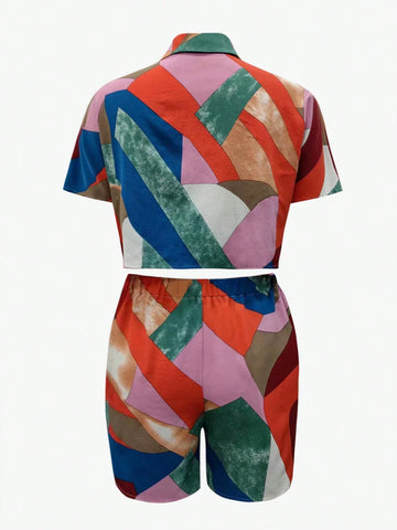 Summer Geometric Printed Color Block Casual Short Sleeve Shirt And Shorts 2 Piece Set