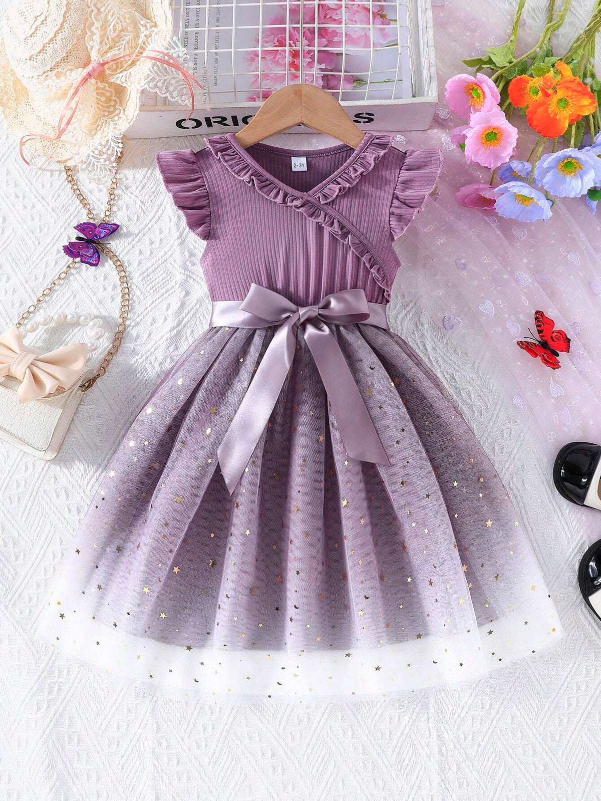 Summer Girls' Cap Sleeve Decorated Lace Sequin Solid Color Mesh Princess Dress