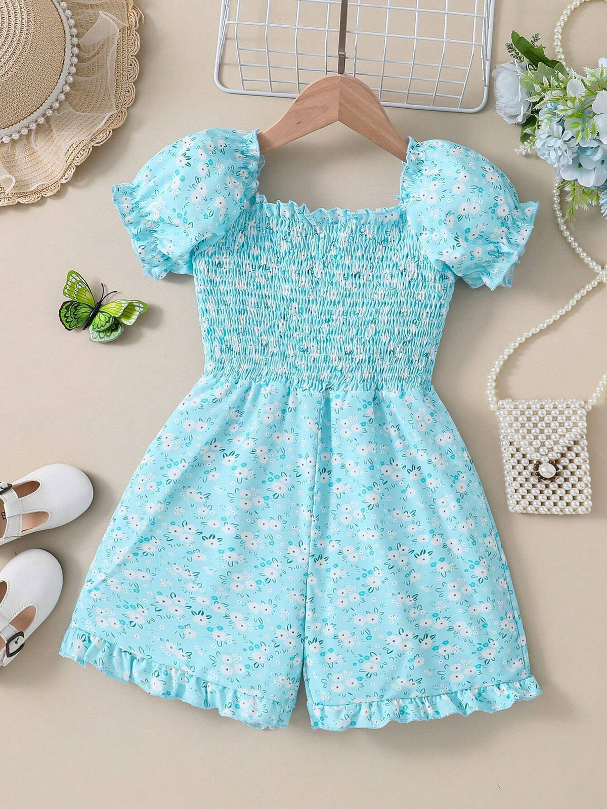 Summer Girls' Casual Blue Floral Print Puff Sleeve Playsuit With Countryside Style