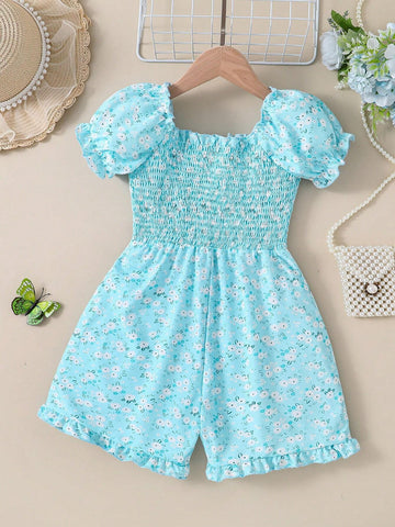 Summer Girls' Casual Blue Floral Print Puff Sleeve Playsuit With Countryside Style