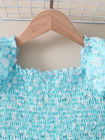 Summer Girls' Casual Blue Floral Print Puff Sleeve Playsuit With Countryside Style