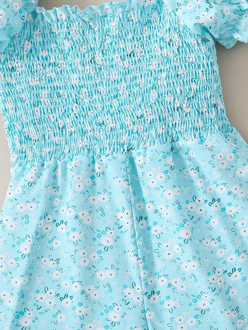 Summer Girls' Casual Blue Floral Print Puff Sleeve Playsuit With Countryside Style