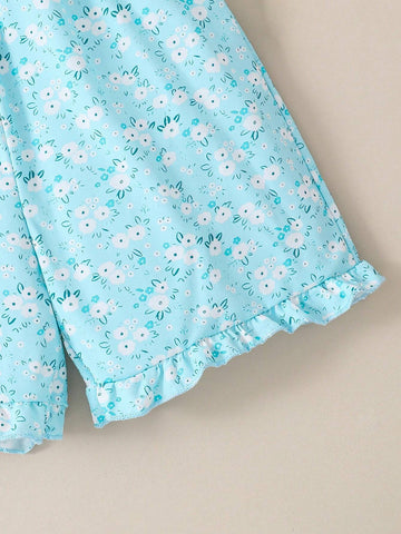 Summer Girls' Casual Blue Floral Print Puff Sleeve Playsuit With Countryside Style