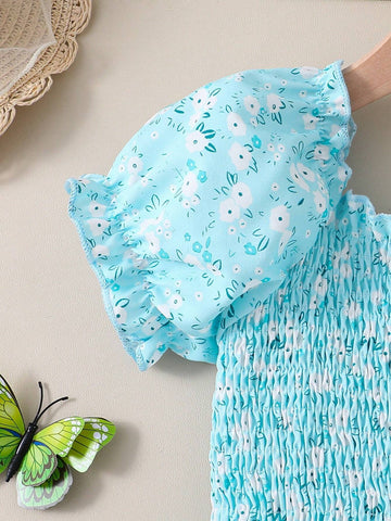 Summer Girls' Casual Blue Floral Print Puff Sleeve Playsuit With Countryside Style