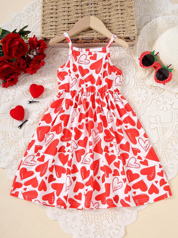 Summer Girls Casual & Comfortable Heart Print Sleeveless Dress