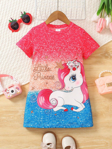Summer Girls' Clothing, Cute Cartoon Printed Short Sleeve Round Neck Casual Dress For Toddler Girls