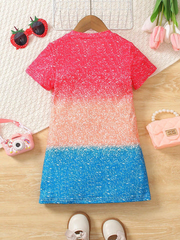 Summer Girls' Clothing, Cute Cartoon Printed Short Sleeve Round Neck Casual Dress For Toddler Girls