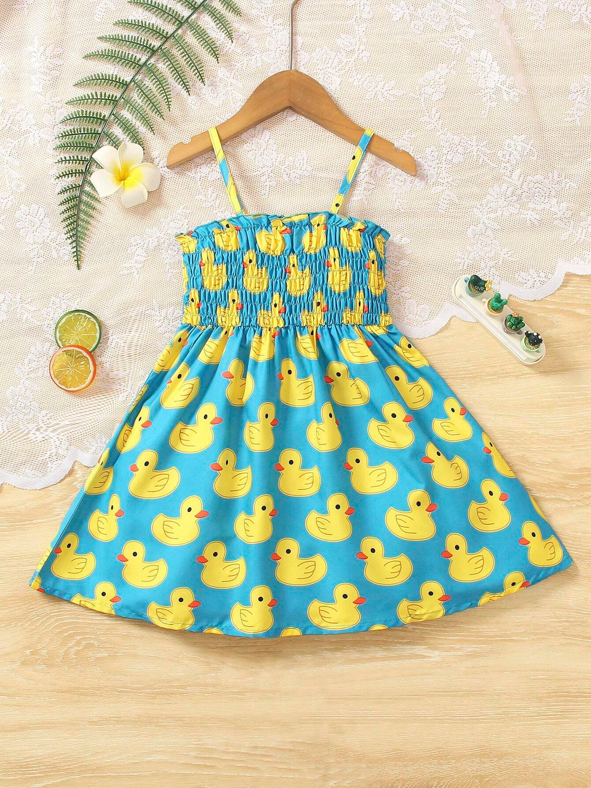 Summer Girls' Cute Cartoon Duck Printed A-Line Dress With Random Print, Sleeveless