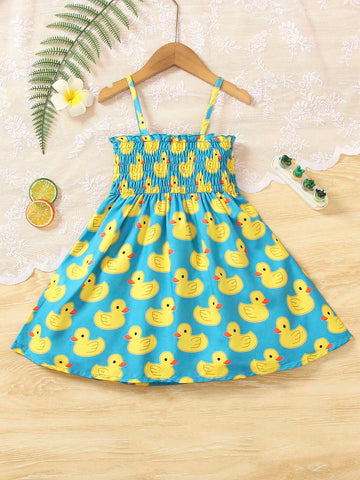 Summer Girls' Cute Cartoon Duck Printed A-Line Dress With Random Print, Sleeveless