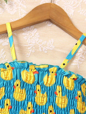 Summer Girls' Cute Cartoon Duck Printed A-Line Dress With Random Print, Sleeveless