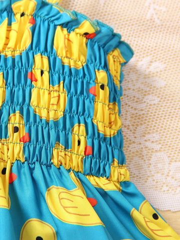 Summer Girls' Cute Cartoon Duck Printed A-Line Dress With Random Print, Sleeveless