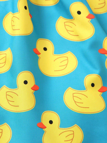 Summer Girls' Cute Cartoon Duck Printed A-Line Dress With Random Print, Sleeveless