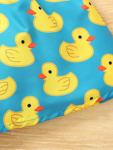 Summer Girls' Cute Cartoon Duck Printed A-Line Dress With Random Print, Sleeveless
