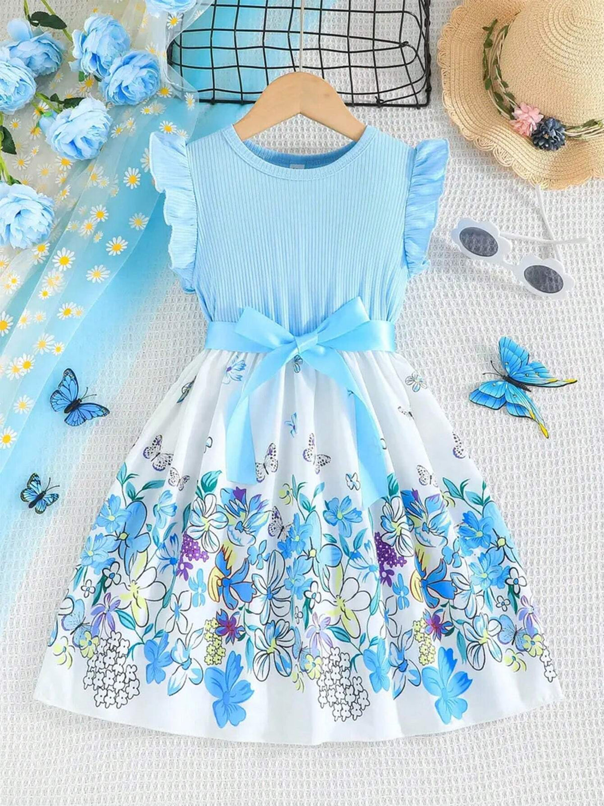 Summer Girls Cute Flower Stitching Rib-Knit Frilled Sleeveless Dress + Belt For Holiday Party
