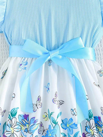 Summer Girls Cute Flower Stitching Rib-Knit Frilled Sleeveless Dress + Belt For Holiday Party