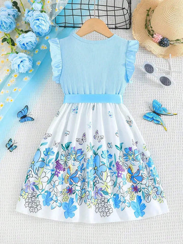 Summer Girls Cute Flower Stitching Rib-Knit Frilled Sleeveless Dress + Belt For Holiday Party