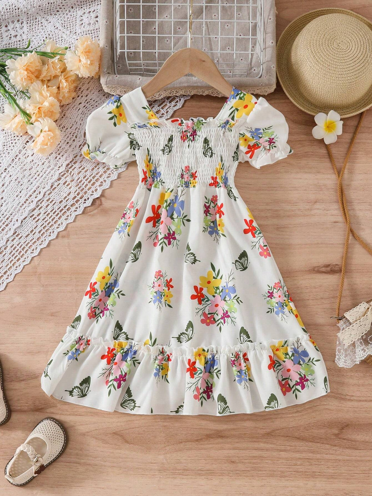 Summer Girls' Dress, Children's Pleated Puff Sleeve Ditsy Floral Short Sleeve Dress