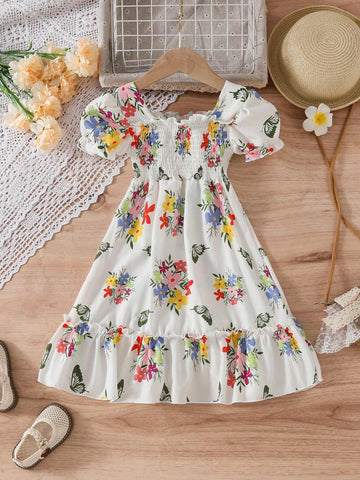 Summer Girls' Dress, Children's Pleated Puff Sleeve Ditsy Floral Short Sleeve Dress