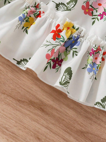 Summer Girls' Dress, Children's Pleated Puff Sleeve Ditsy Floral Short Sleeve Dress