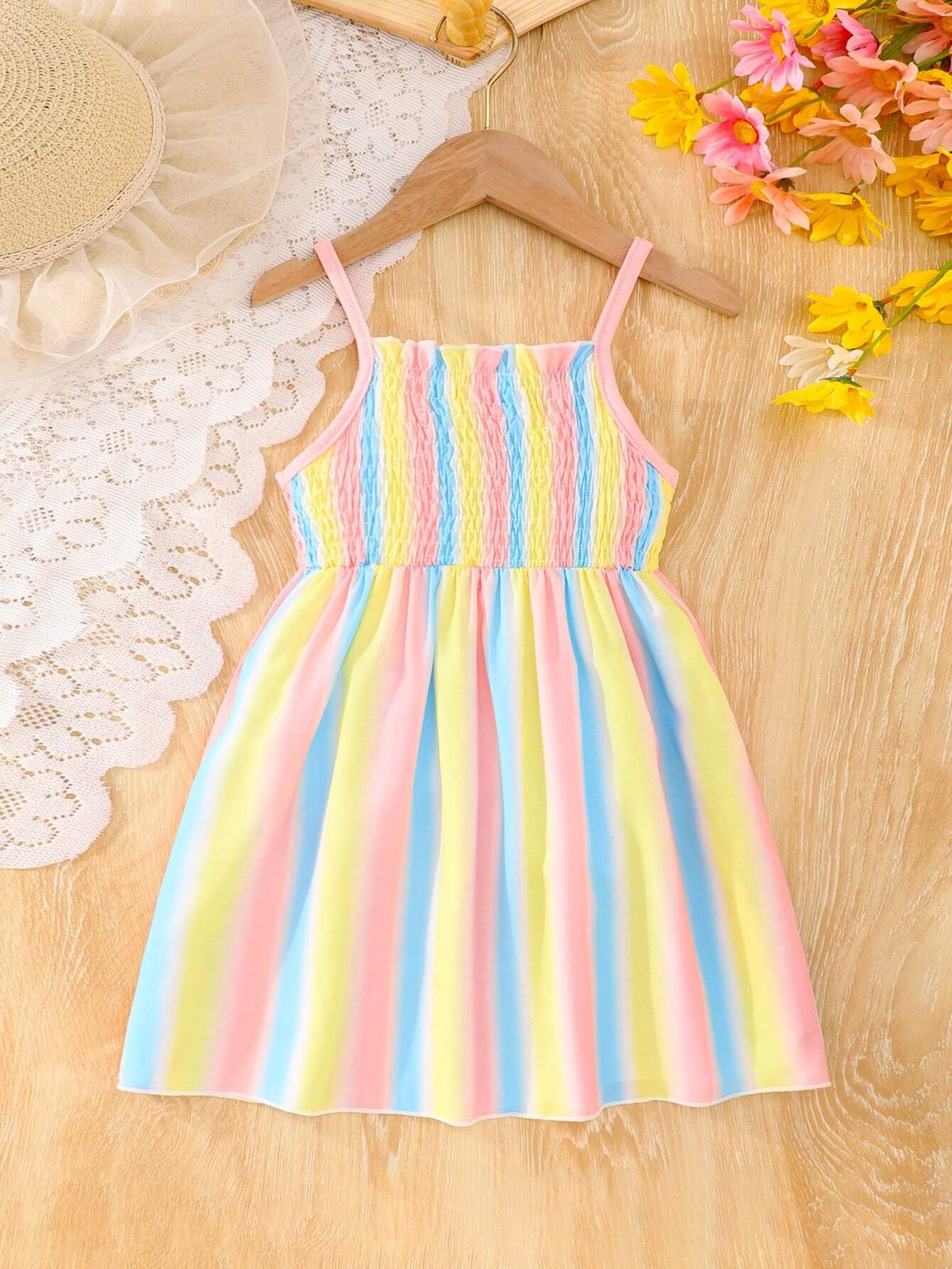 Summer Girls' Dress, Thin Colorful Gradient Printed Spaghetti Strap Long Princess Dress For Toddler Girls