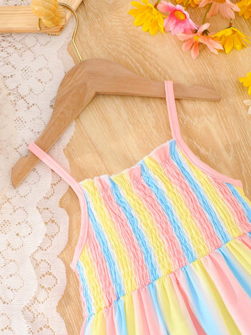 Summer Girls' Dress, Thin Colorful Gradient Printed Spaghetti Strap Long Princess Dress For Toddler Girls