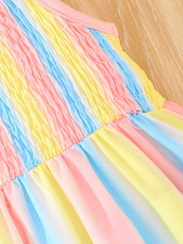 Summer Girls' Dress, Thin Colorful Gradient Printed Spaghetti Strap Long Princess Dress For Toddler Girls