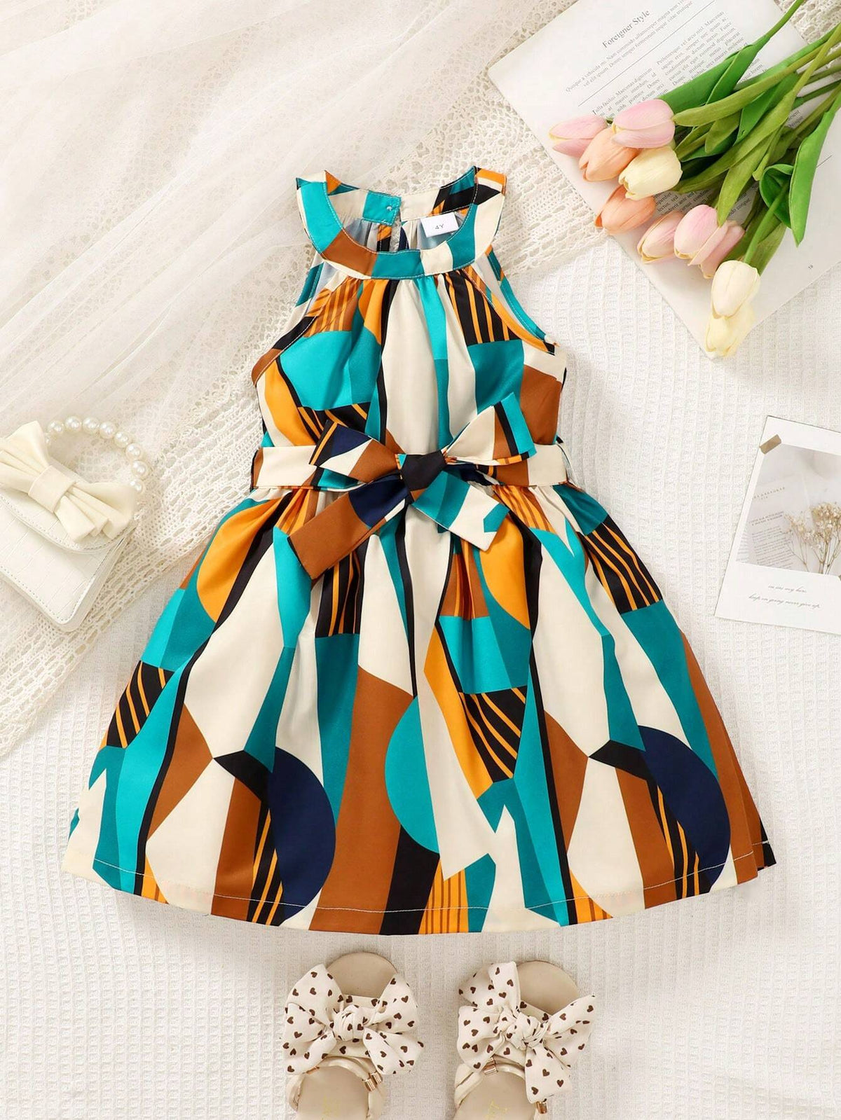 Summer Girls' Elegant Irregular Print Dress With Round Neck, Sleeveless, Belt And A-Line Skirt