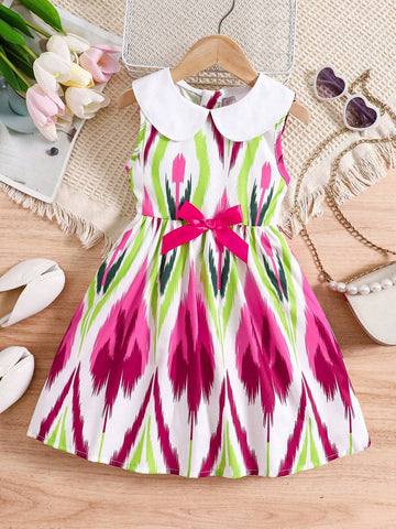 Summer Girls" Fashionable Digital Printed White Babydoll Collar Cute Dress With Patchwork