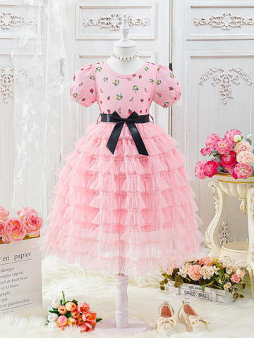 Summer Girls' Gorgeous Ditsy Floral Mesh Midi Skirt With Elastic Waist