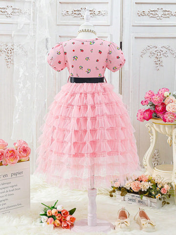 Summer Girls' Gorgeous Ditsy Floral Mesh Midi Skirt With Elastic Waist