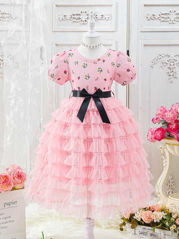 Summer Girls' Gorgeous Ditsy Floral Mesh Midi Skirt With Elastic Waist