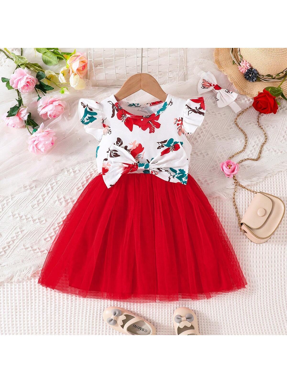 Summer Girls" Lovely Floral Print Flutter Sleeve Mesh Dress